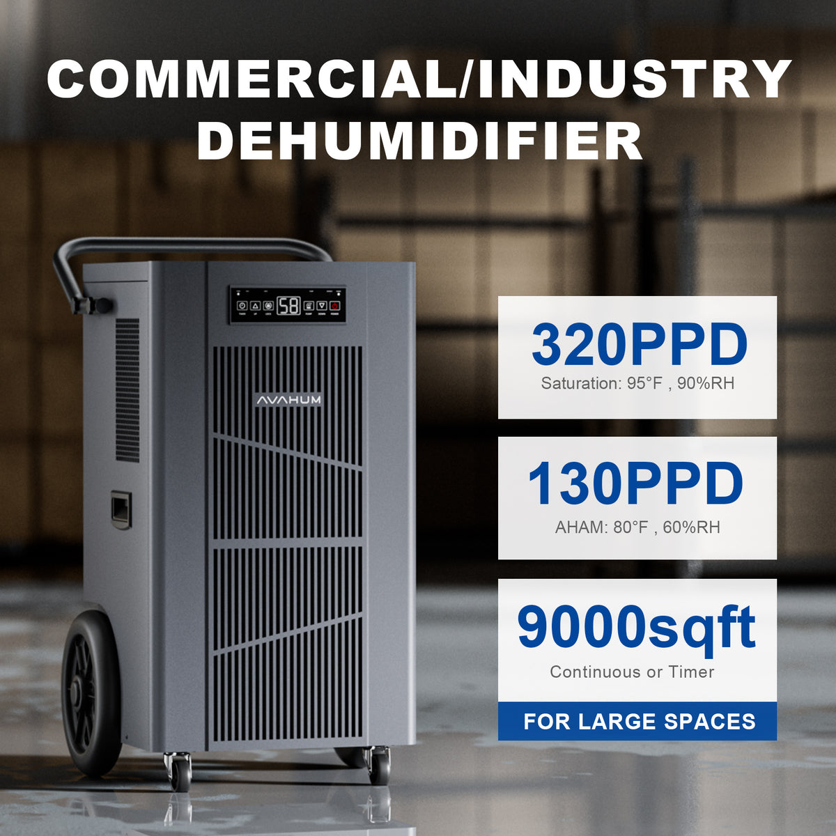 AVAHUM 320 Pints Commercial Dehumidifier with Pump, Commercial Grade Dehumidifier for Basement, 24H Timer, cover up to 9000 sqft Large Spaces for Industrial, 40Gallon/Day, Continuous Dehumidification, Auto Defrost