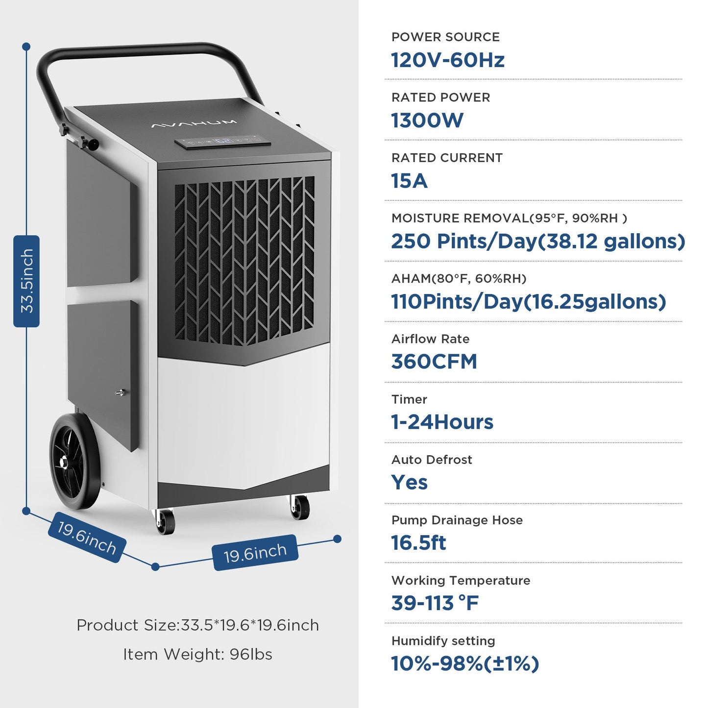 AVAHUM 250 Pint Commercial Dehumidifier with Pump parameter