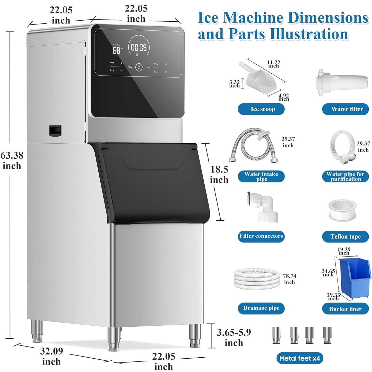 AVAHUM Commercial Ice Maker 605 Lbs/24H Industrial Ice Maker Machine Commercial Ice Machine with 400Lbs Storage, Ice Ready in 5-12 min, Stainless Steel Ice Maker for Bar Cafe Business Restaurant