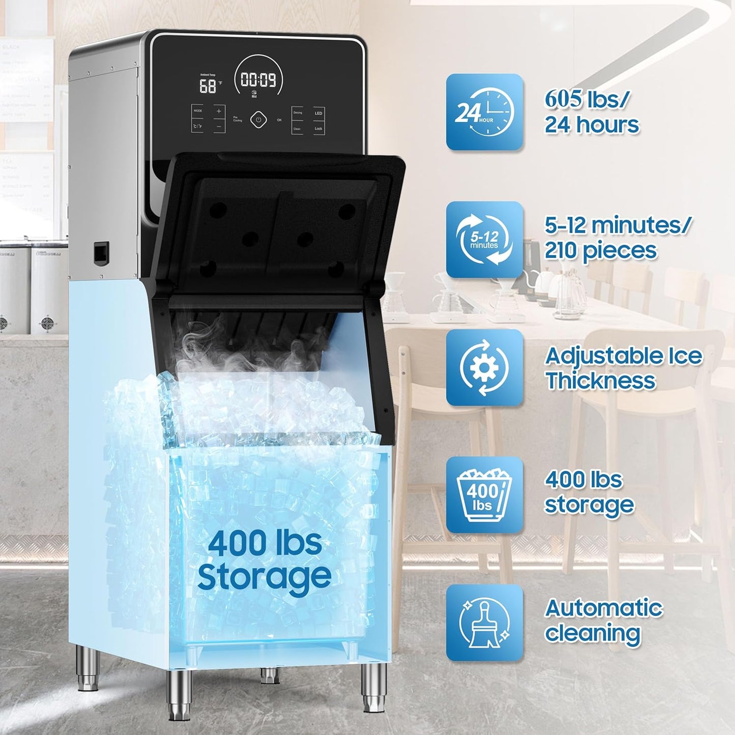AVAHUM Commercial Ice Maker 605 Lbs/24H Industrial Ice Maker Machine Commercial Ice Machine with 400Lbs Storage, Ice Ready in 5-12 min, Stainless Steel Ice Maker for Bar Cafe Business Restaurant