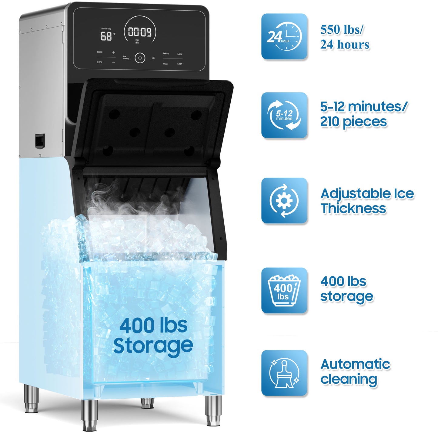 AVAHUM Commercial Ice Maker 550 Lbs/24H Commercial Ice Maker Machine Industrial Ice Machine with 400Lbs Storage, Ice Ready in 5-12 min, Stainless Steel Ice Maker for Bar Cafe Business Restaurant