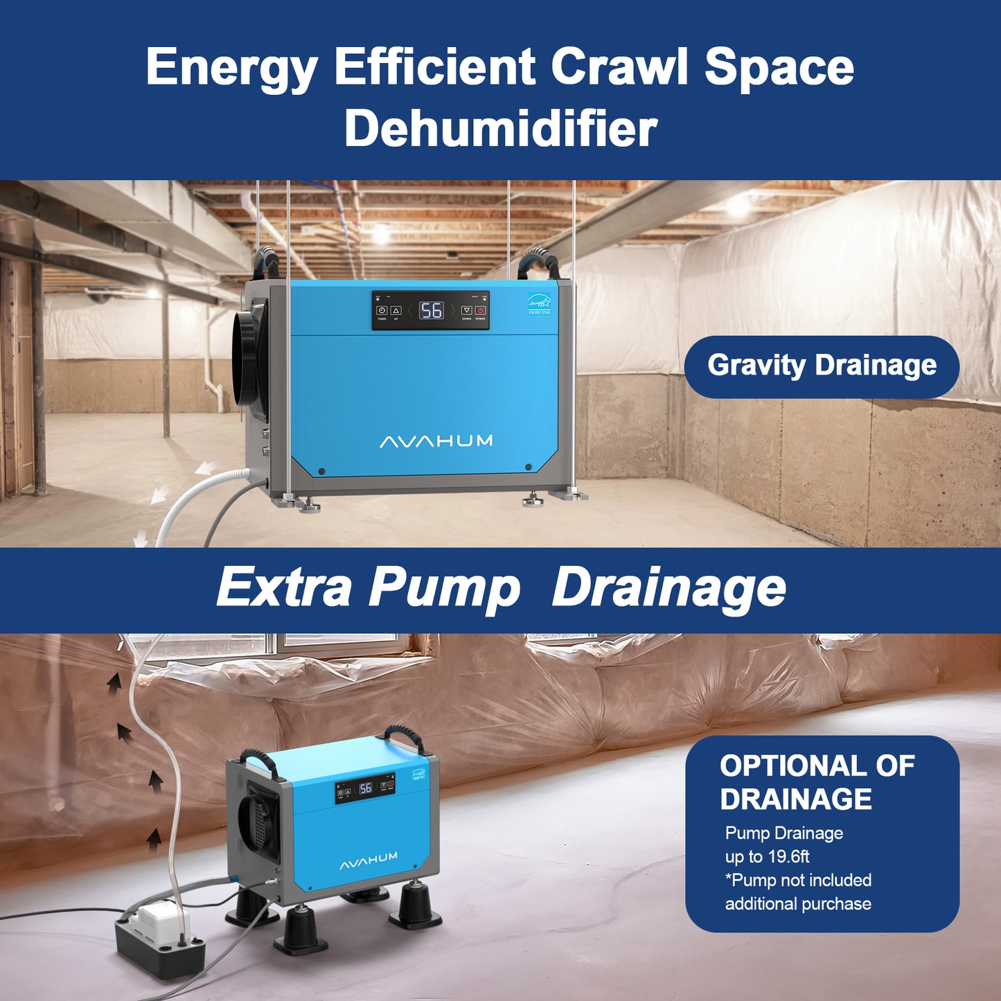 AVAHUM 113 Pints Crawl Space Dehumidifier with extra pump and drainage hose