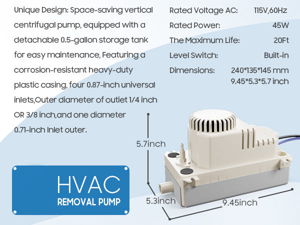 Automatic Condensate Removal Pump, HVAC Condensate Removal for Dehumidifier