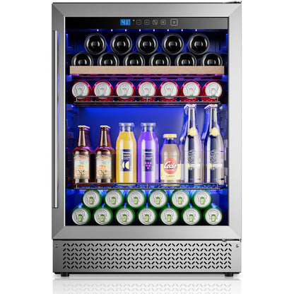 Mini Fridge 24 Inch Under Counter Beverage and Wine Cooler Refrigerator Built-in or Freestanding - 118 Cans & 16 Bottles Capacity with LED Light Glass Door