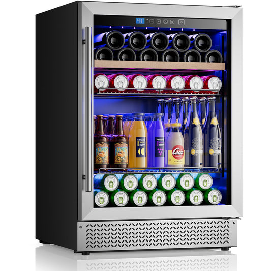 Mini Fridge 24 Inch Under Counter Beverage and Wine Cooler Refrigerator Built-in or Freestanding - 118 Cans & 16 Bottles Capacity with LED Light Glass Door