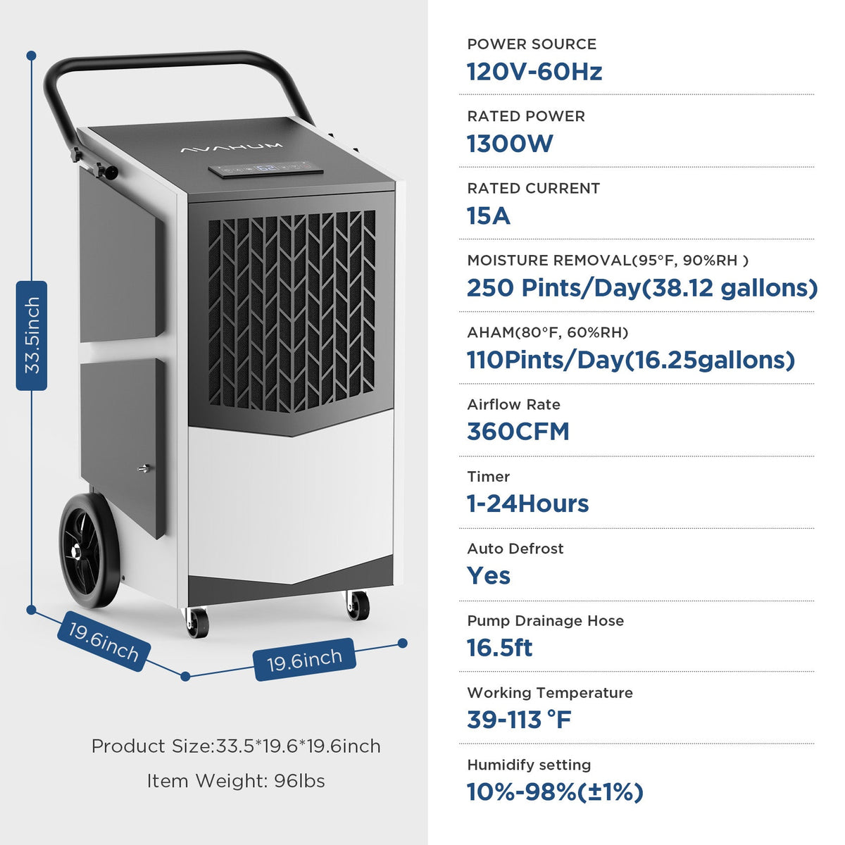 AVAHUM 250 Pint Commercial Dehumidifier with Pump parameter