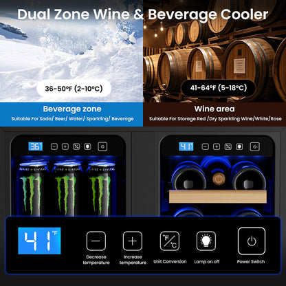 Wine and Beverage Refrigerator, 24” Daul Zone Wine Fridge, Freestanding Under Counter Refrigerator, Stainless Steel Beverage Cooler with Adjustable Shelves, Holds 21 Bottles and 88 Cans