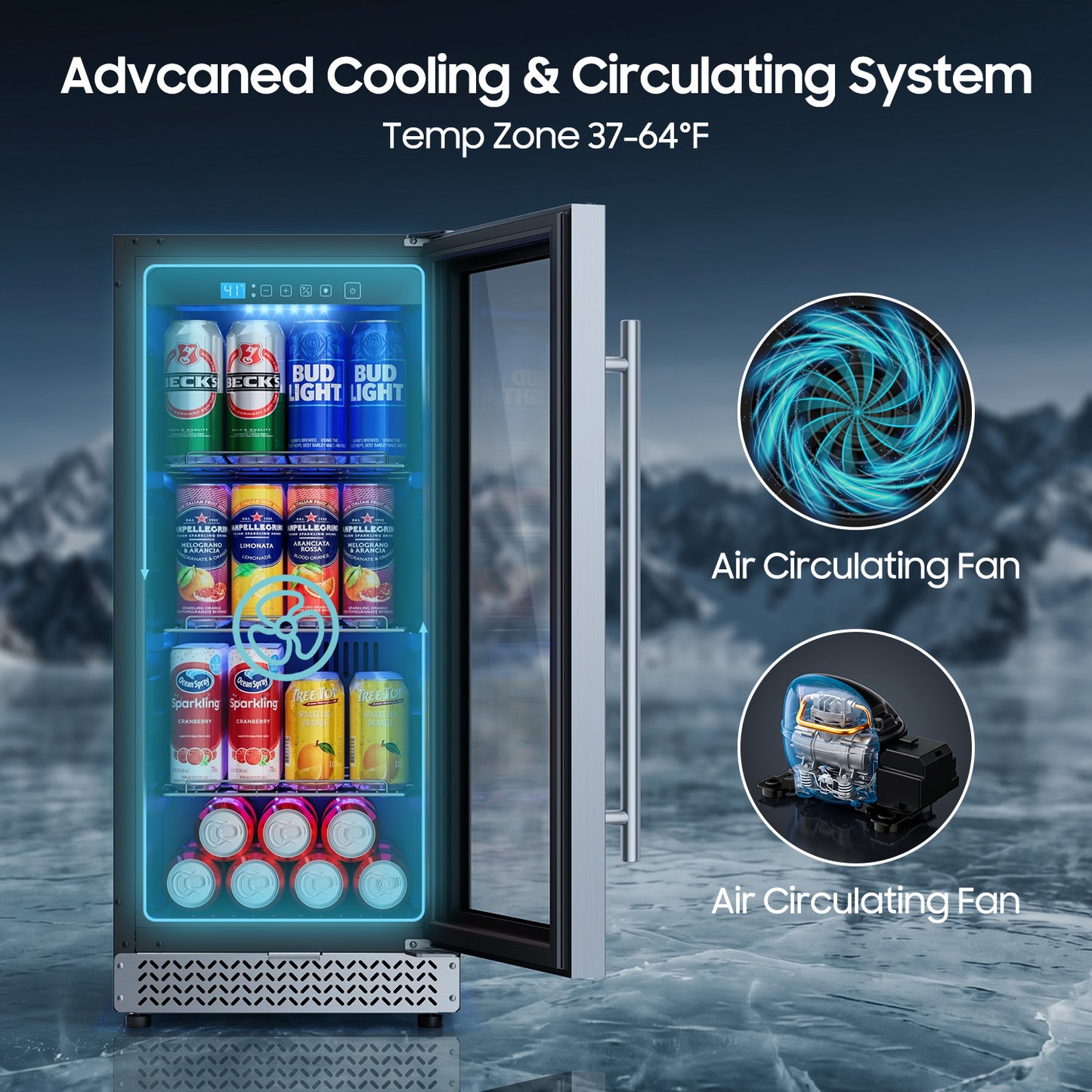 15 Inch Beverage Refrigerator, 100 Can Under Counter Beverage Fridge with Glass Door Built-in or Freestanding, Drink Fridge for Soda Beer Wine-Kitchen Bar Office