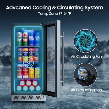 15 Inch Beverage Refrigerator, 100 Can Under Counter Beverage Fridge with Glass Door Built-in or Freestanding, Drink Fridge for Soda Beer Wine-Kitchen Bar Office
