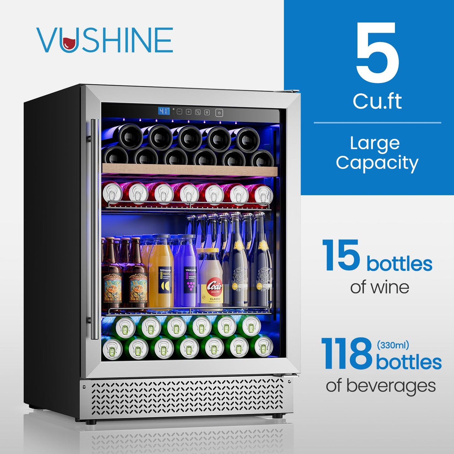 Mini Fridge 24 Inch Under Counter Beverage and Wine Cooler Refrigerator Built-in or Freestanding - 118 Cans & 16 Bottles Capacity with LED Light Glass Door