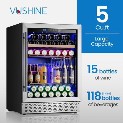 Mini Fridge 24 Inch Under Counter Beverage and Wine Cooler Refrigerator Built-in or Freestanding - 118 Cans & 16 Bottles Capacity with LED Light Glass Door