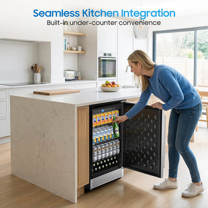 24’’Outdoor Beverage Refrigerator, Built-In or Freestanding Drink Fridge 180 Cans, Undercounter Waterproof Stainless Steel Door, Outdoor Refrigerator for Patio & Commercial Use for Beer, Soda, Wine