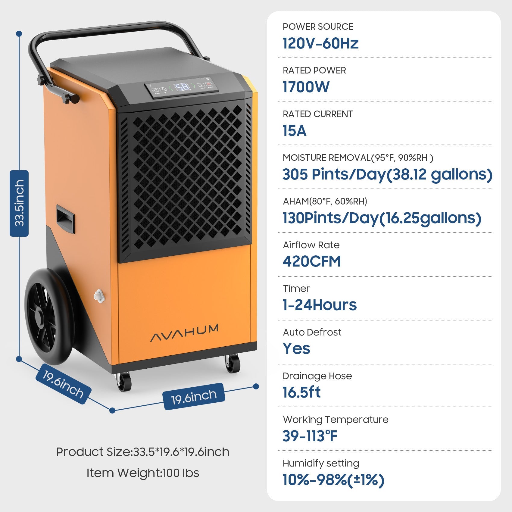 AVAHUM 320pint Commercial Dehumidifier DE320 parameter