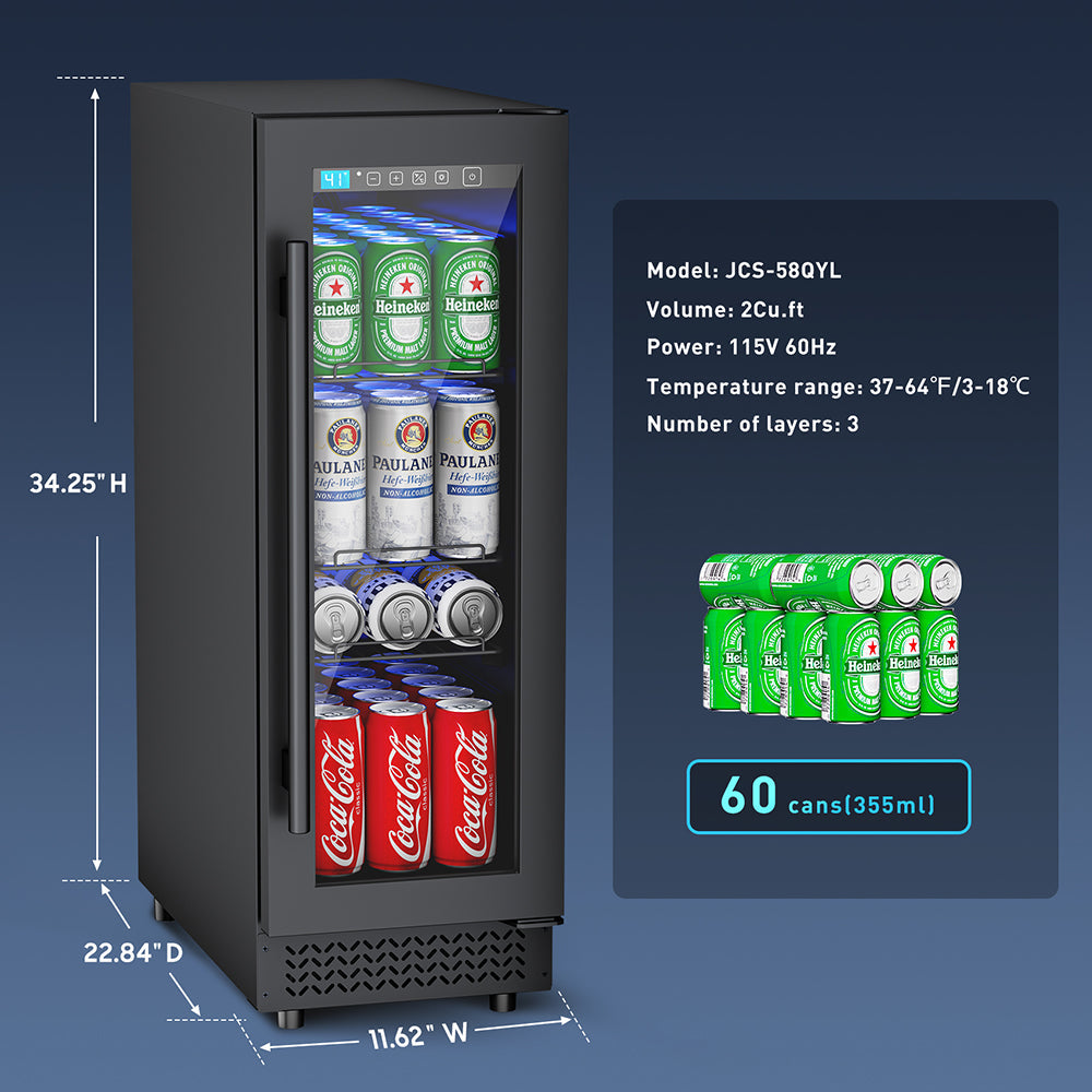 60 Can Beverage Refrigerator Cooler for Cubicle under Desk/Counter Office Camping, 2 Cu.Ft Mini Fridge Beverage Cooler with Glass Door for Water Juices Cola Bottles