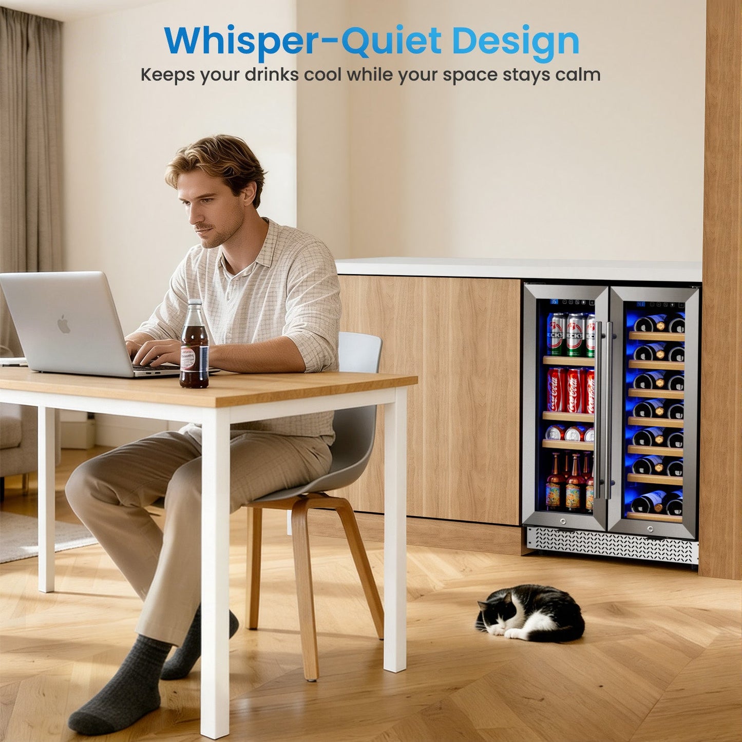 Wine and Beverage Refrigerator 24'', Dual Zone Wine Fridge Built in or Freestanding, Beverage Cooler with Glass Door holds 21 Bottles and 88 Cans, Upgrade Cooling Low Noise for Kitchen, Bar, Office