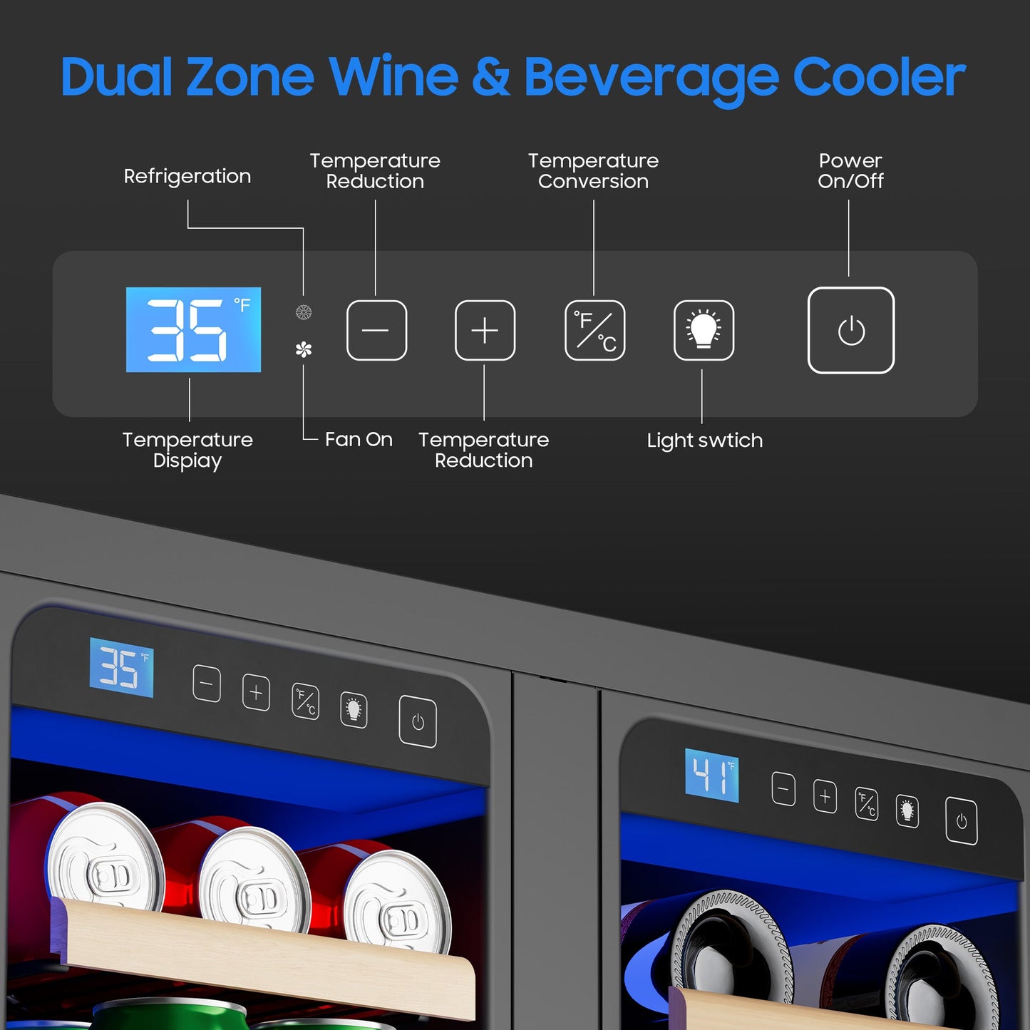 Wine and Beverage Refrigerator 24'', Dual Zone Wine Fridge Built in or Freestanding, Beverage Cooler with Glass Door holds 21 Bottles and 88 Cans, Upgrade Cooling Low Noise for Kitchen, Bar, Office