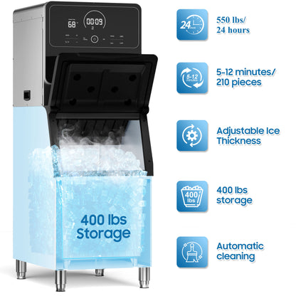 AVAHUM Commercial Ice Maker 550 Lbs/24H Commercial Ice Maker Machine Industrial Ice Machine with 400Lbs Storage, Ice Ready in 5-12 min, Stainless Steel Ice Maker for Bar Cafe Business Restaurant