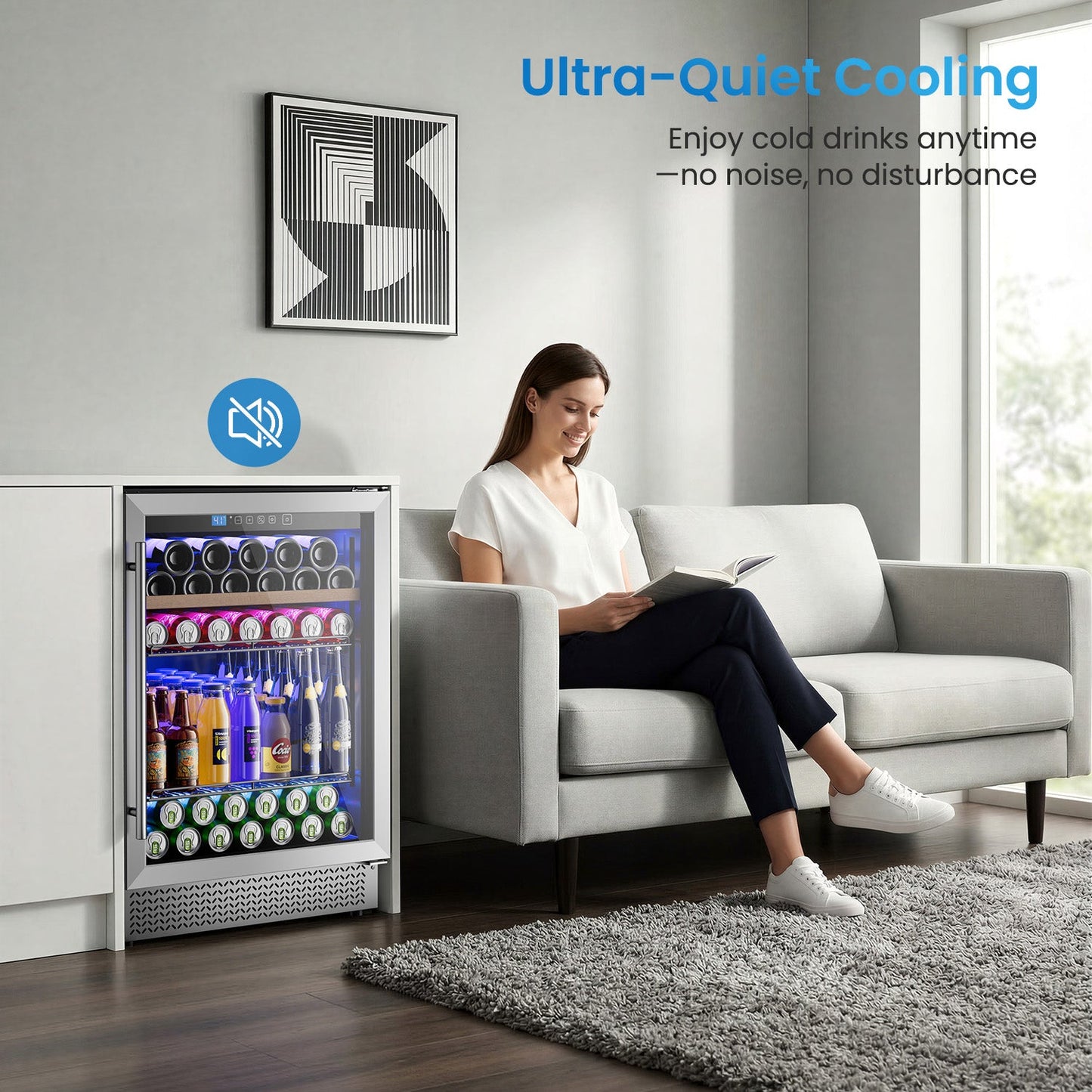 Mini Fridge 24 Inch Under Counter Beverage and Wine Cooler Refrigerator Built-in or Freestanding - 118 Cans & 16 Bottles Capacity with LED Light Glass Door