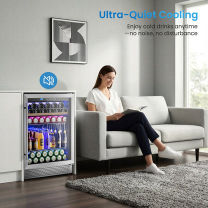 Mini Fridge 24 Inch Under Counter Beverage and Wine Cooler Refrigerator Built-in or Freestanding - 118 Cans & 16 Bottles Capacity with LED Light Glass Door