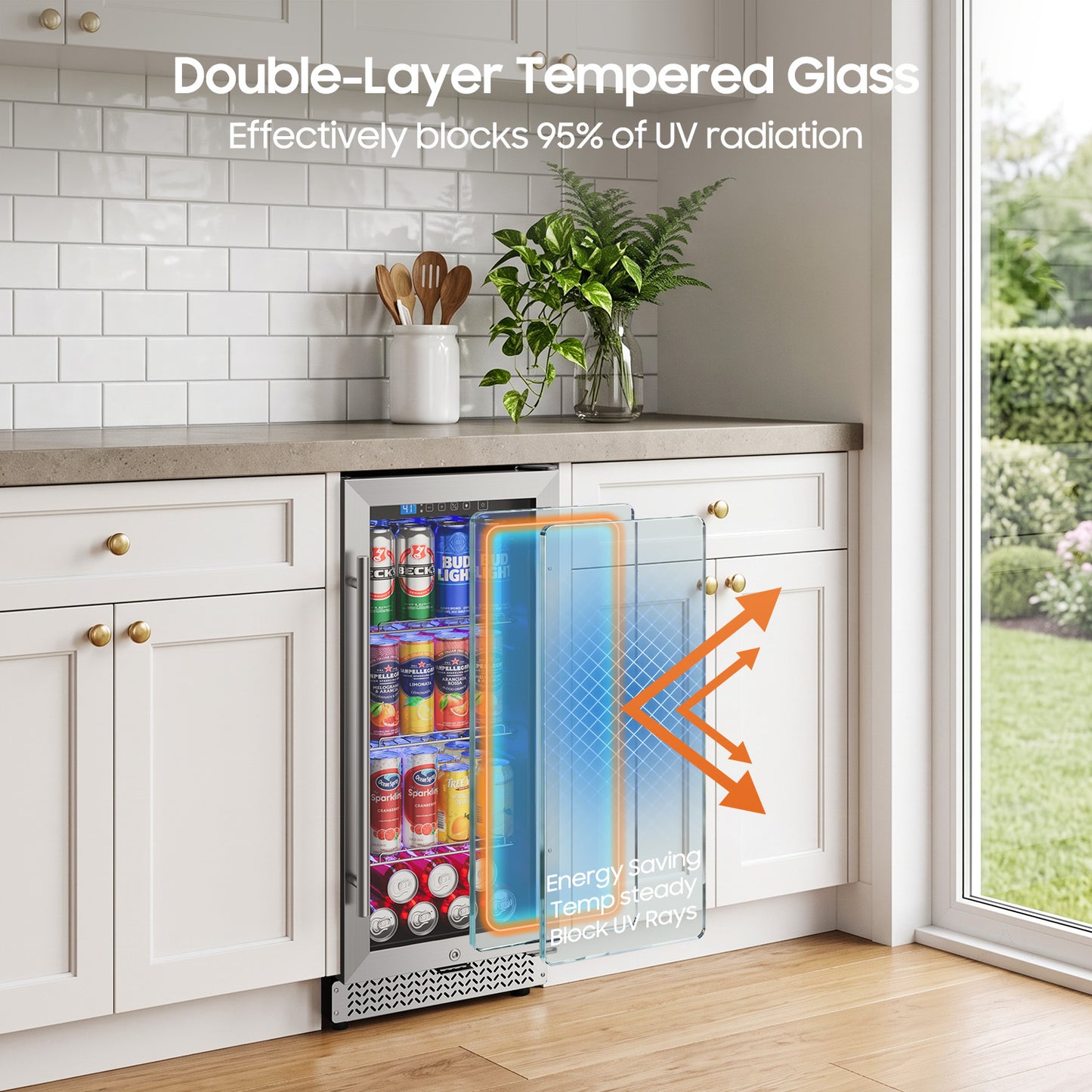 15 Inch Beverage Refrigerator, 100 Can Under Counter Beverage Fridge with Glass Door Built-in or Freestanding, Drink Fridge for Soda Beer Wine-Kitchen Bar Office