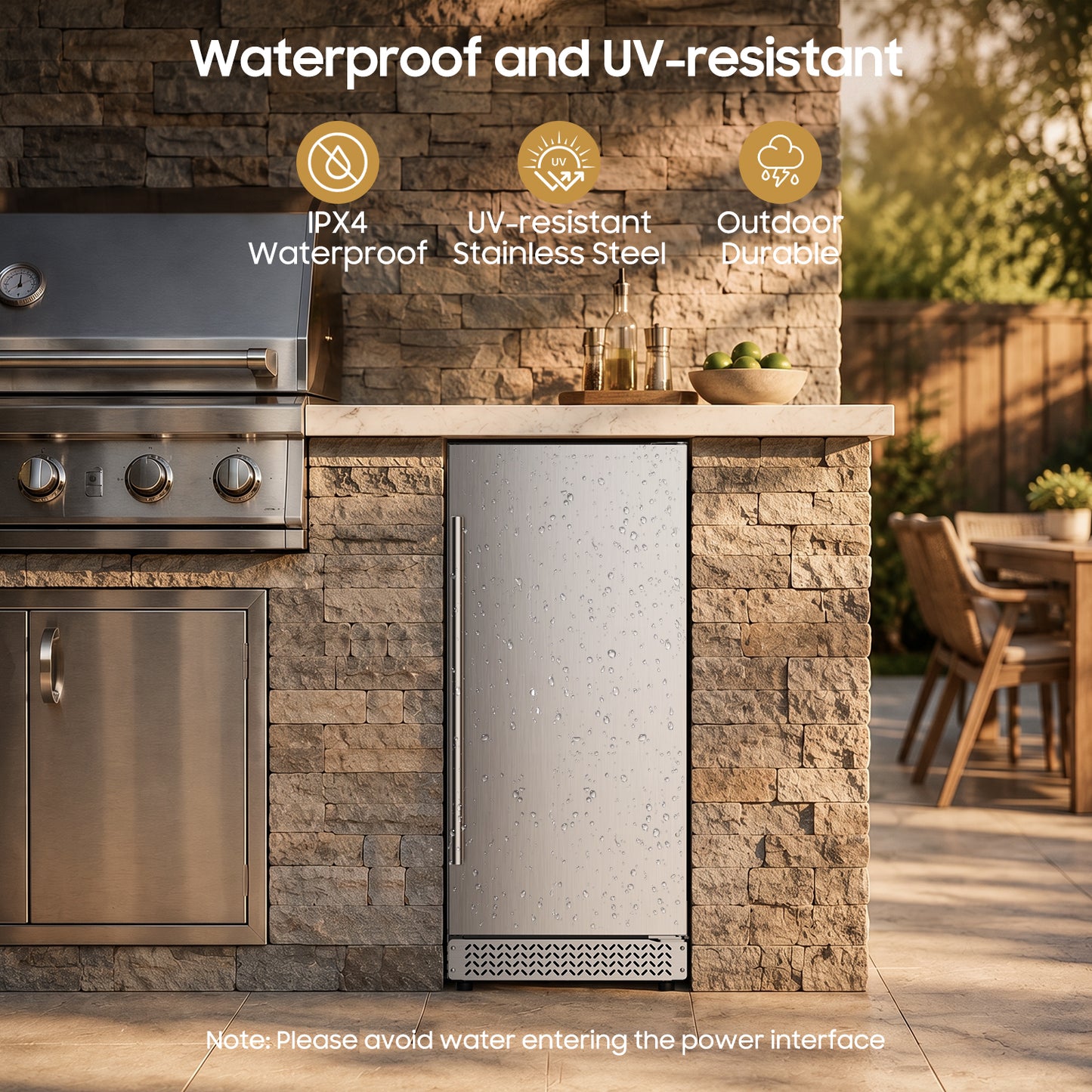 15 Inch Outdoor Fridge, 92 Cans Beverage Refrigerator with Stainless Steel Door Built-In or Freestanding, Outdoor Refrigerator for Patio & Waterproof for Soda Beer Wine-Kitchen Bar Office