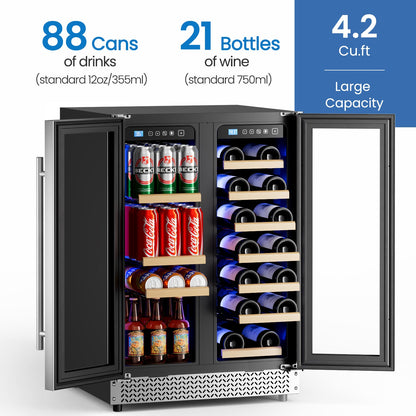 Wine and Beverage Refrigerator 24'', Dual Zone Wine Fridge Built in or Freestanding, Beverage Cooler with Glass Door holds 21 Bottles and 88 Cans, Upgrade Cooling Low Noise for Kitchen, Bar, Office
