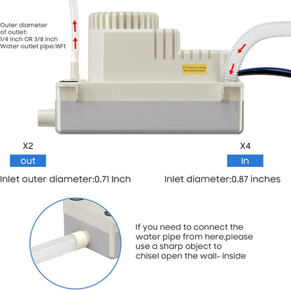 Automatic Condensate Removal Pump, HVAC Condensate Removal for Air Conditioner, Furnace, Dehumidifier,Ice Machine - 115 Volts/60Hz Ultra-Quiet with 16 Ft Hose,4 Water inlets & 2 Type outlets