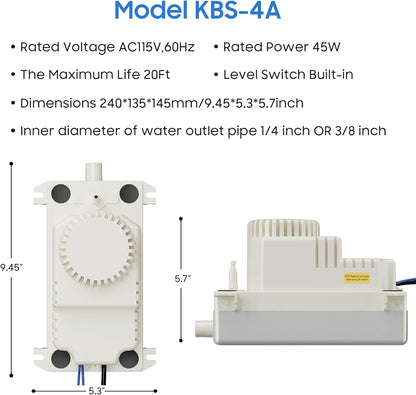 Automatic Condensate Removal Pump, HVAC Condensate Removal for Air Conditioner, Furnace, Dehumidifier,Ice Machine - 115 Volts/60Hz Ultra-Quiet with 16 Ft Hose,4 Water inlets & 2 Type outlets