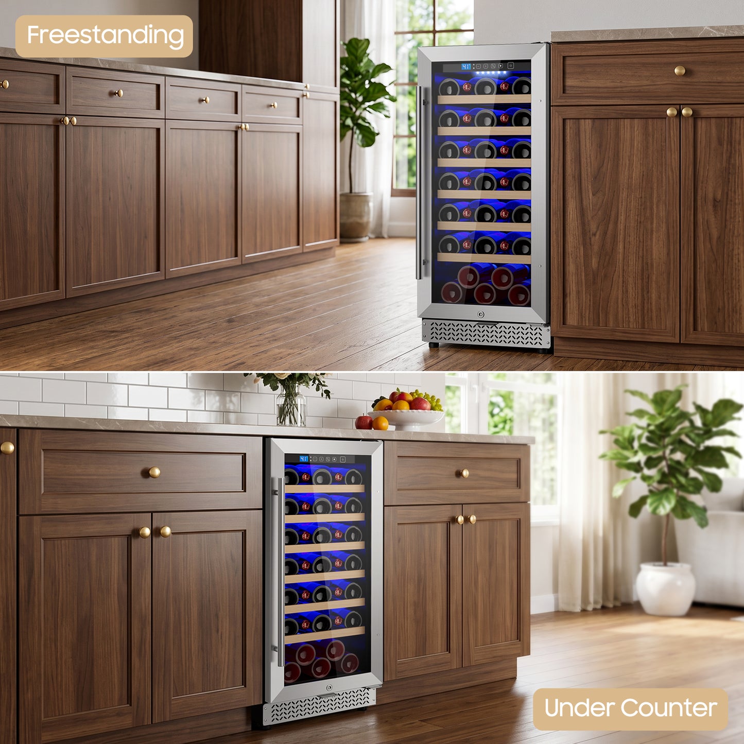 15 Inch Wine Fridge, 35 Bottles Wine Fridge Small with Glass Door Built-in or Freestanding, Wine Cooler Refrigerator Compressor Quick Cooling&Low Noise-Kitchen Bar Office