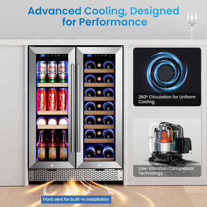 Wine and Beverage Refrigerator 24'', Dual Zone Wine Fridge Built in or Freestanding, Beverage Cooler with Glass Door holds 21 Bottles and 88 Cans, Upgrade Cooling Low Noise for Kitchen, Bar, Office