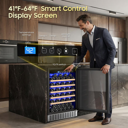 54 Bottle Wine Fridge 24 Inch Wine Cooler Refrigerator Freestanding/Built in, Compressor 4.9Cu.Ft Wine Cooler w/Lock & LED Display, 41℉-64℉ Digital Temperature Control Fridge, Housewarming Gifts