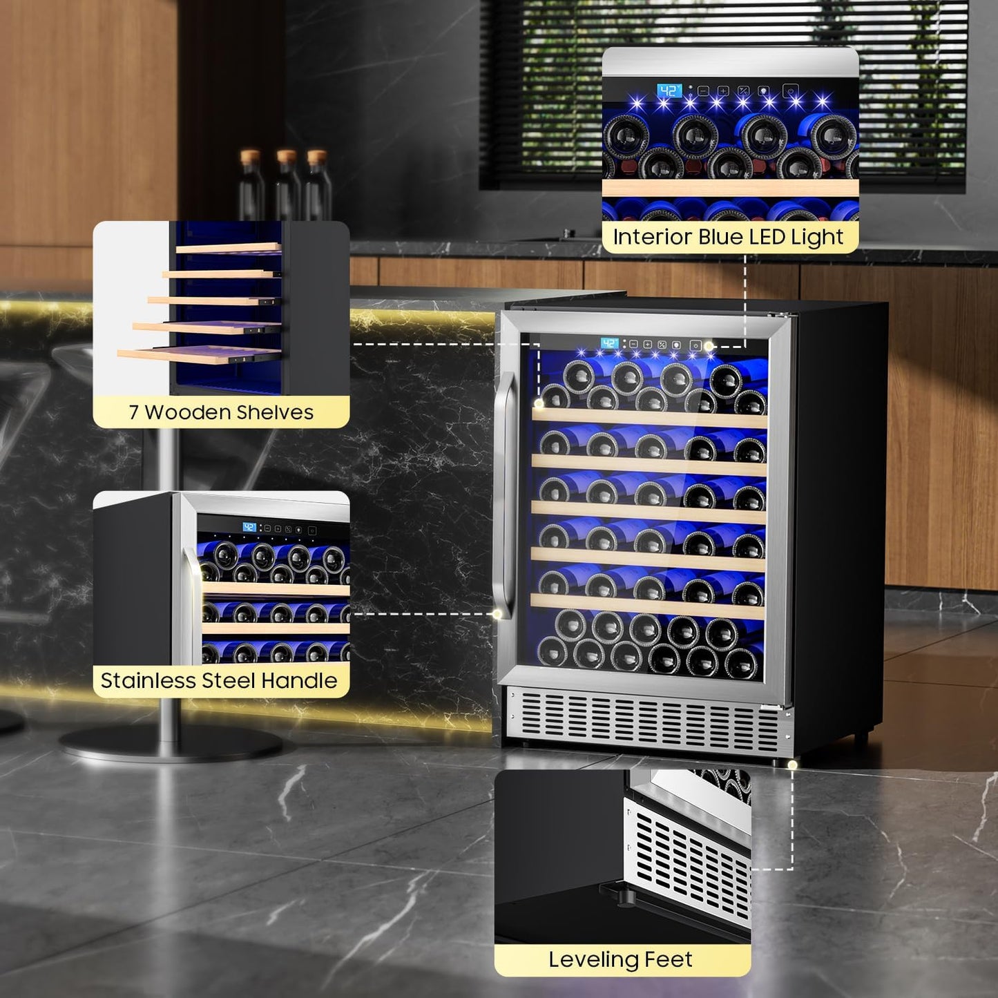 54 Bottle Wine Fridge 24 Inch Wine Cooler Refrigerator Freestanding/Built in, Compressor 4.9Cu.Ft Wine Cooler w/Lock & LED Display, 41℉-64℉ Digital Temperature Control Fridge, Housewarming Gifts