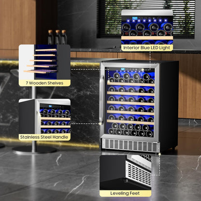 54 Bottle Wine Fridge 24 Inch Wine Cooler Refrigerator Freestanding/Built in, Compressor 4.9Cu.Ft Wine Cooler w/Lock & LED Display, 41℉-64℉ Digital Temperature Control Fridge, Housewarming Gifts