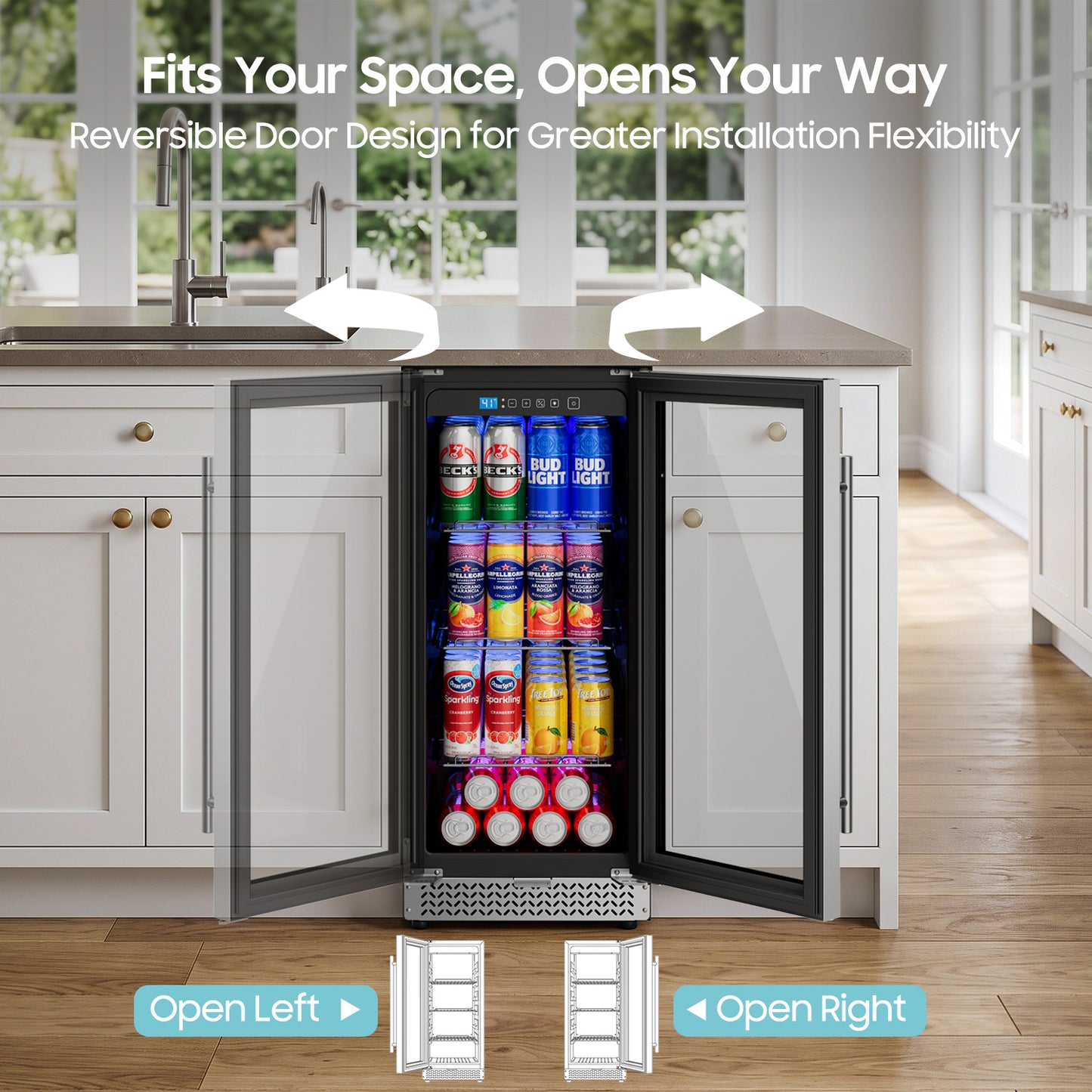 15 Inch Beverage Refrigerator, 100 Can Under Counter Beverage Fridge with Glass Door Built-in or Freestanding, Drink Fridge for Soda Beer Wine-Kitchen Bar Office