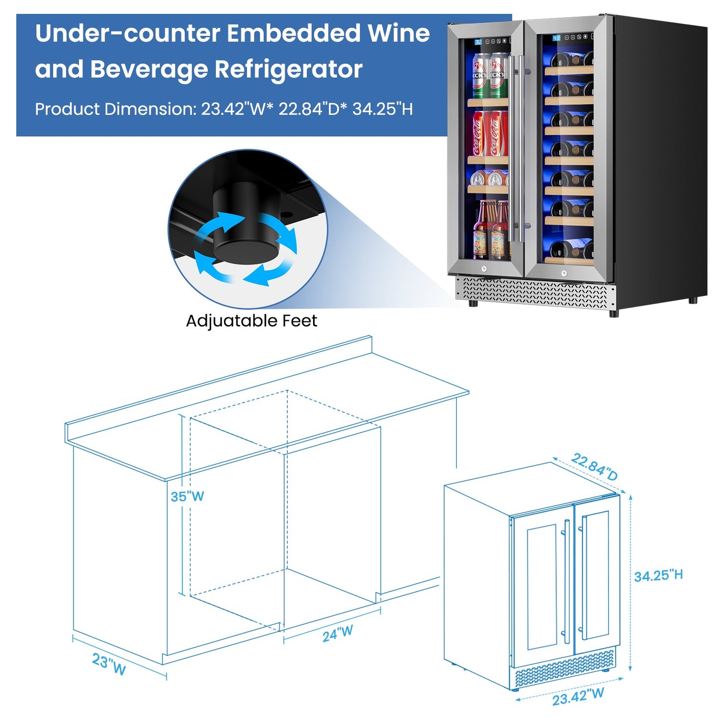 Wine and Beverage Refrigerator 24'', Dual Zone Wine Fridge Built in or Freestanding, Beverage Cooler with Glass Door holds 21 Bottles and 88 Cans, Upgrade Cooling Low Noise for Kitchen, Bar, Office