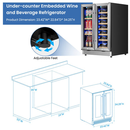 Wine and Beverage Refrigerator 24'', Dual Zone Wine Fridge Built in or Freestanding, Beverage Cooler with Glass Door holds 21 Bottles and 88 Cans, Upgrade Cooling Low Noise for Kitchen, Bar, Office