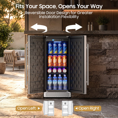 15 Inch Outdoor Fridge, 92 Cans Beverage Refrigerator with Stainless Steel Door Built-In or Freestanding, Outdoor Refrigerator for Patio & Waterproof for Soda Beer Wine-Kitchen Bar Office