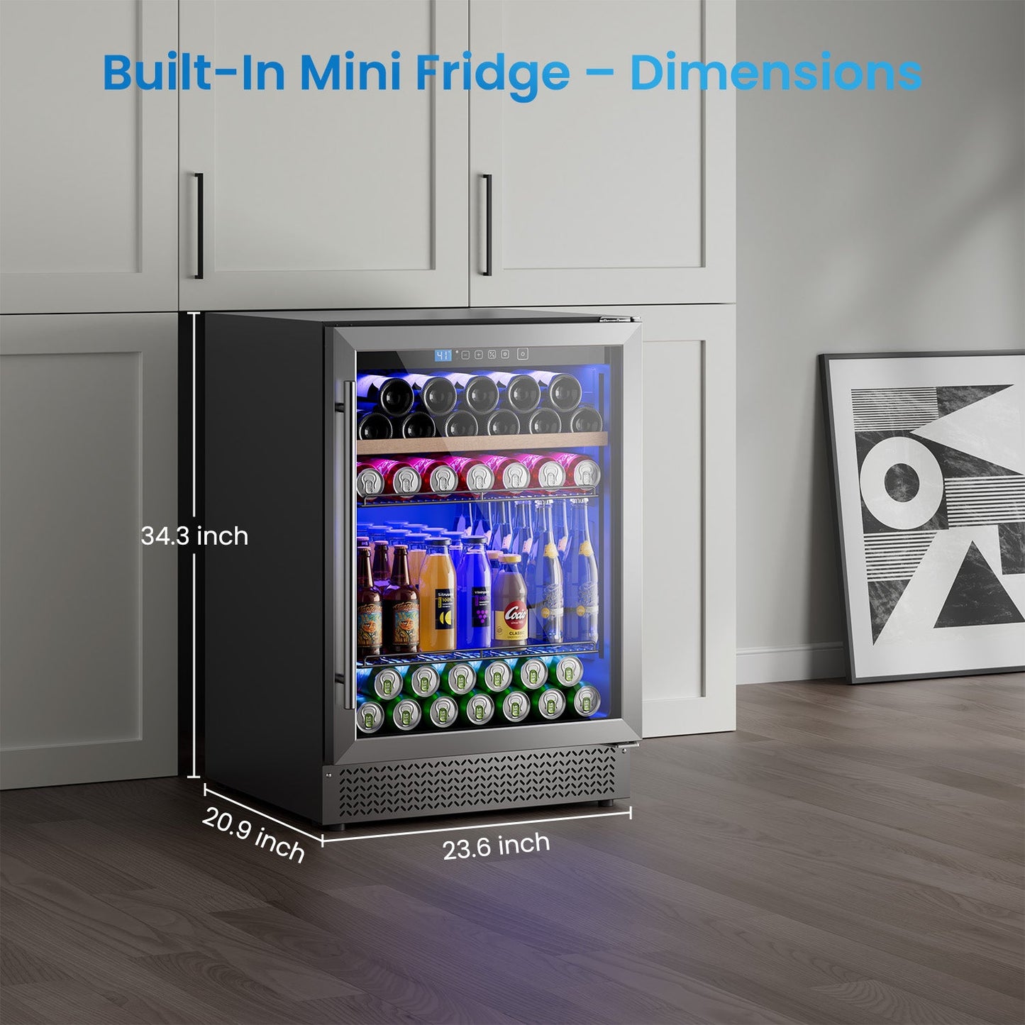 Mini Fridge 24 Inch Under Counter Beverage and Wine Cooler Refrigerator Built-in or Freestanding - 118 Cans & 16 Bottles Capacity with LED Light Glass Door
