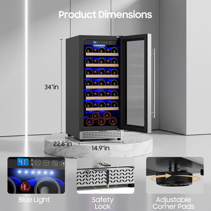 15 Inch Wine Fridge, 35 Bottles Wine Fridge Small with Glass Door Built-in or Freestanding, Wine Cooler Refrigerator Compressor Quick Cooling&Low Noise-Kitchen Bar Office