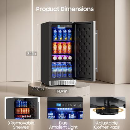 15 Inch Outdoor Fridge, 92 Cans Beverage Refrigerator with Stainless Steel Door Built-In or Freestanding, Outdoor Refrigerator for Patio & Waterproof for Soda Beer Wine-Kitchen Bar Office
