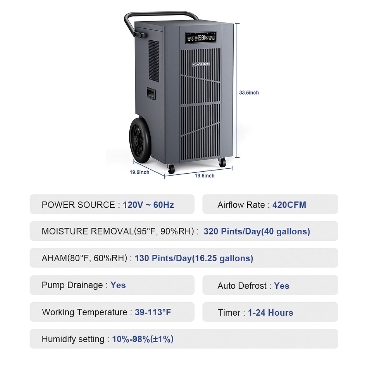 AVAHUM 320 Pints Commercial Dehumidifier with Pump parameter