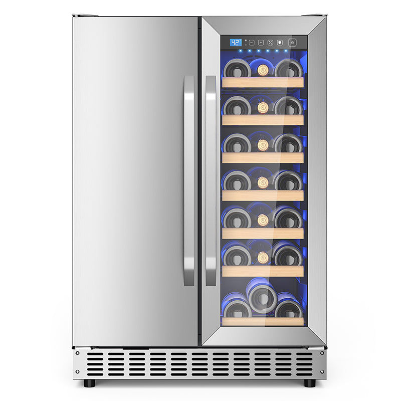 Holds 21 Bottles and 88 Cans Wine and Beverage Refrigerator, 24” Daul Zone Wine Fridge, Freestanding Under Counter Refrigerator, Stainless Steel Beverage Cooler with Adjustable Shelves