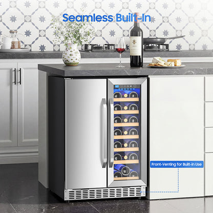 Holds 21 Bottles and 88 Cans Wine and Beverage Refrigerator, 24” Daul Zone Wine Fridge, Freestanding Under Counter Refrigerator, Stainless Steel Beverage Cooler with Adjustable Shelves