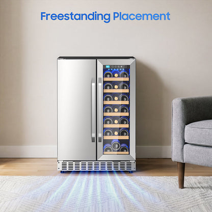 Holds 21 Bottles and 88 Cans Wine and Beverage Refrigerator, 24” Daul Zone Wine Fridge, Freestanding Under Counter Refrigerator, Stainless Steel Beverage Cooler with Adjustable Shelves