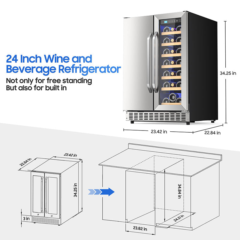 Holds 21 Bottles and 88 Cans Wine and Beverage Refrigerator, 24” Daul Zone Wine Fridge, Freestanding Under Counter Refrigerator, Stainless Steel Beverage Cooler with Adjustable Shelves