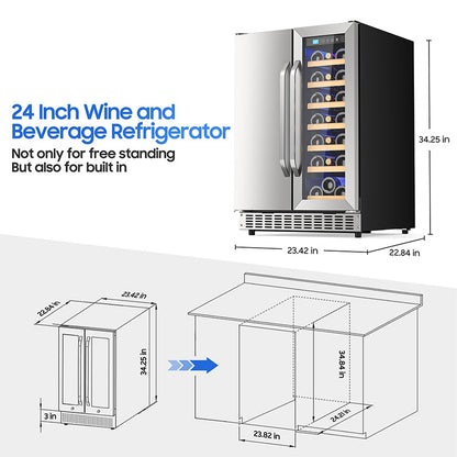 Holds 21 Bottles and 88 Cans Wine and Beverage Refrigerator, 24” Daul Zone Wine Fridge, Freestanding Under Counter Refrigerator, Stainless Steel Beverage Cooler with Adjustable Shelves