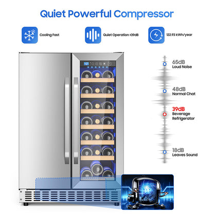 Holds 21 Bottles and 88 Cans Wine and Beverage Refrigerator, 24” Daul Zone Wine Fridge, Freestanding Under Counter Refrigerator, Stainless Steel Beverage Cooler with Adjustable Shelves