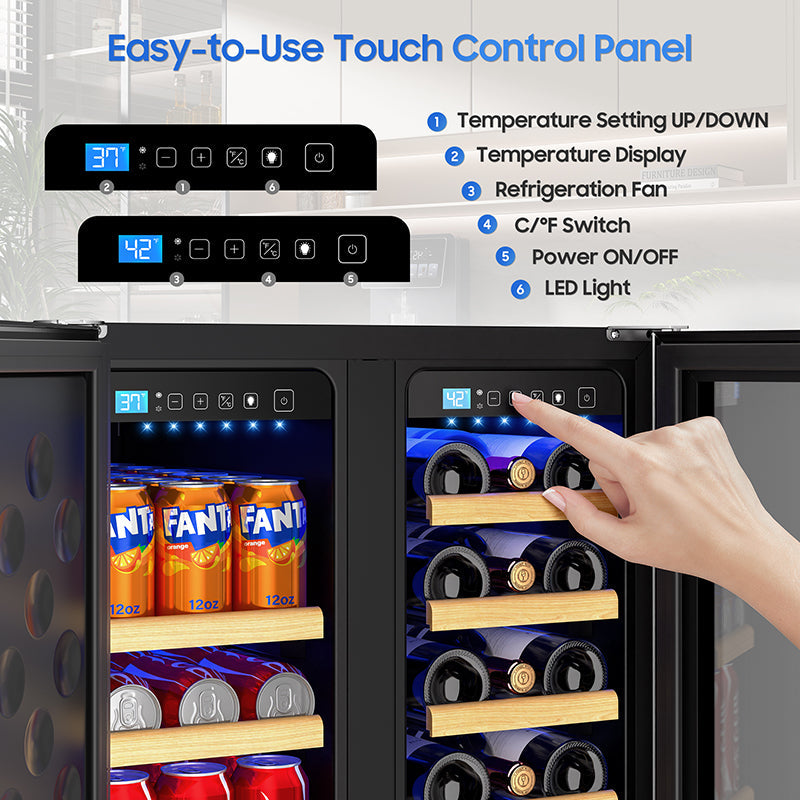 Holds 21 Bottles and 88 Cans Wine and Beverage Refrigerator, 24” Daul Zone Wine Fridge, Freestanding Under Counter Refrigerator, Stainless Steel Beverage Cooler with Adjustable Shelves
