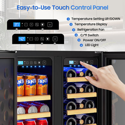 Holds 21 Bottles and 88 Cans Wine and Beverage Refrigerator, 24” Daul Zone Wine Fridge, Freestanding Under Counter Refrigerator, Stainless Steel Beverage Cooler with Adjustable Shelves