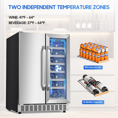 Holds 21 Bottles and 88 Cans Wine and Beverage Refrigerator, 24” Daul Zone Wine Fridge, Freestanding Under Counter Refrigerator, Stainless Steel Beverage Cooler with Adjustable Shelves